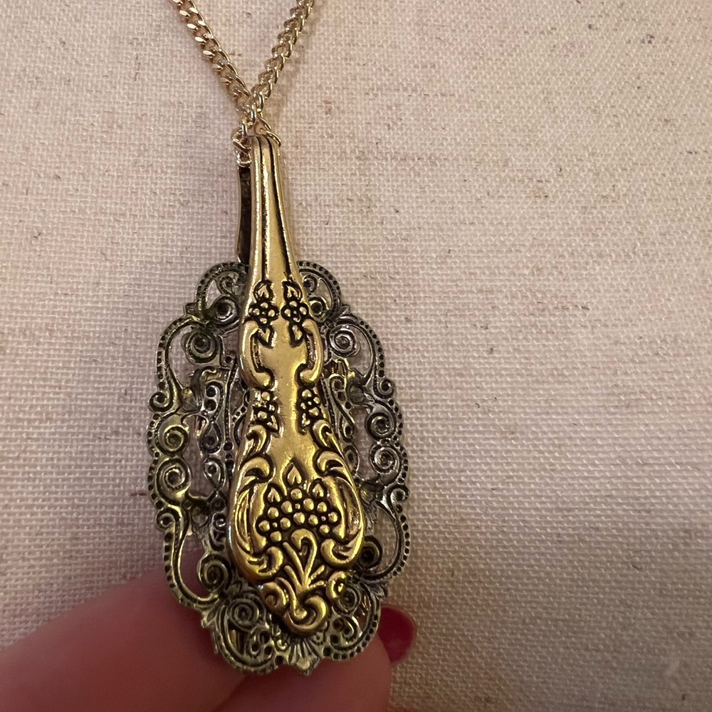 Gold and Silver Pendant Necklace with Intricate Design and 2 Dogs with Crystals - Picture 3 of 6